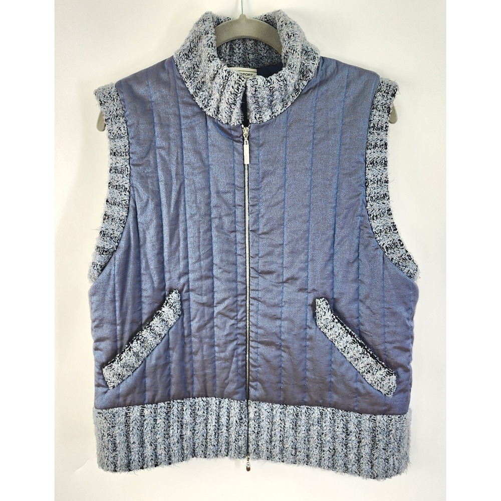 St. John Sport Vest Womens M Quilted Ribbed Wool Trim Full Zip Blue Shimmer